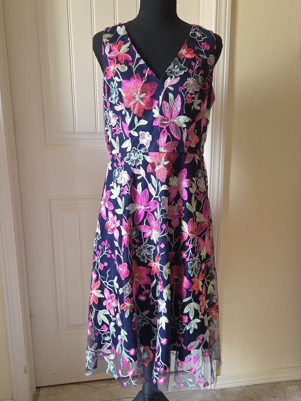 Jessica Howard Fit & Flare Navy Midi Dress with Pink Floral Embroidery, Size 8P